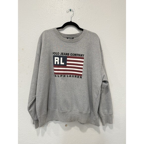 VTG Polo Jeans Co Ralph Lauren Sweatshirt Mens Gray American Flag Logo 90s XL - Picture 1 of 4